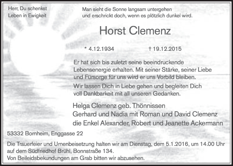  Traueranzeige für Horst Clemenz vom 23.12.2015 aus  Schlossbote/Werbekurier 