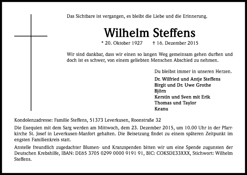  Traueranzeige für Wilhelm Steffens vom 19.12.2015 aus Kölner Stadt-Anzeiger / Kölnische Rundschau / Express