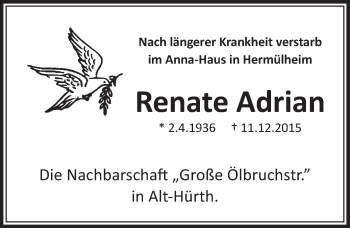 Anzeige von Renate Adrian von  Sonntags-Post 