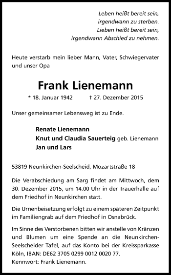 Anzeige von Frank Lienemann von Kölner Stadt-Anzeiger / Kölnische Rundschau / Express