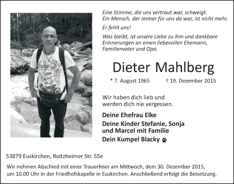  Traueranzeige für Dieter Mahlberg vom 27.12.2015 aus  Blickpunkt Euskirchen 