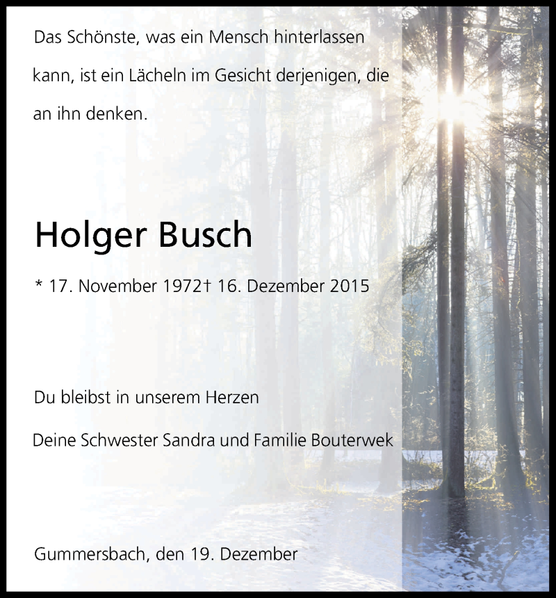  Traueranzeige für Holger Busch vom 19.12.2015 aus Kölner Stadt-Anzeiger / Kölnische Rundschau / Express
