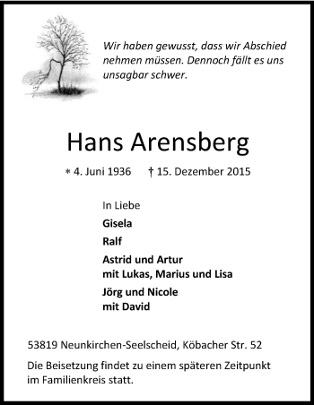 Anzeige von Hans Arensberg von Kölner Stadt-Anzeiger / Kölnische Rundschau / Express