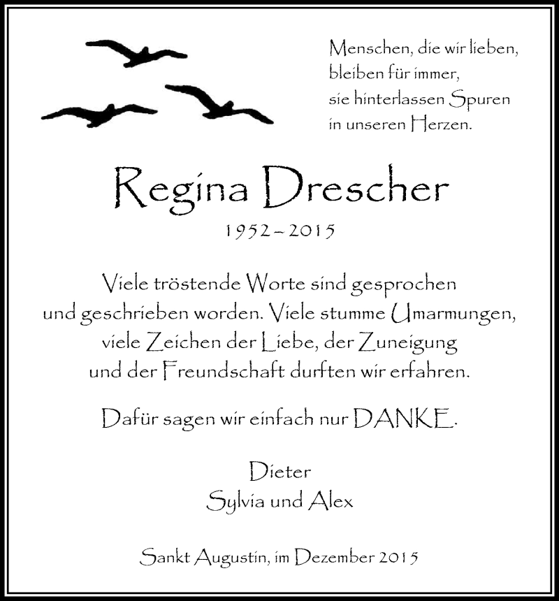  Traueranzeige für Regina Drescher vom 19.12.2015 aus Kölner Stadt-Anzeiger / Kölnische Rundschau / Express