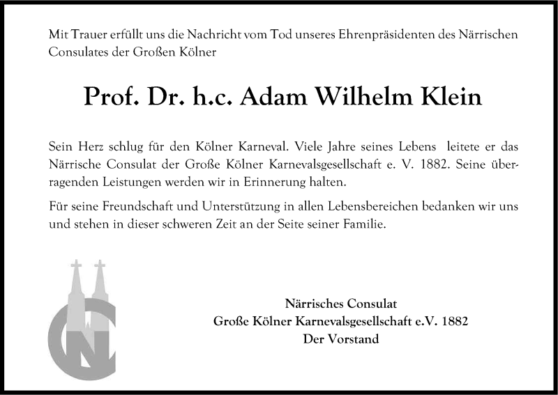  Traueranzeige für Adam Wilhelm Klein vom 19.12.2015 aus Kölner Stadt-Anzeiger / Kölnische Rundschau / Express