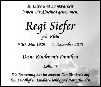 Anzeige von Regi Siefer von Kölner Stadt-Anzeiger / Kölnische Rundschau / Express