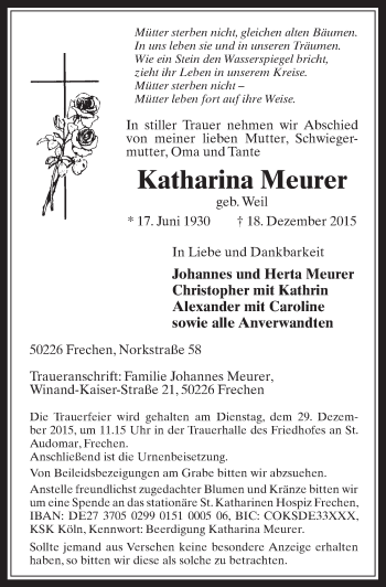Anzeige von Katharina Meurer von  Wochenende 