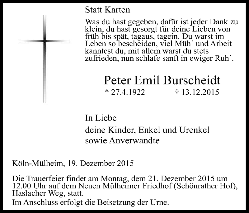  Traueranzeige für Peter Emil Burscheidt vom 19.12.2015 aus Kölner Stadt-Anzeiger / Kölnische Rundschau / Express