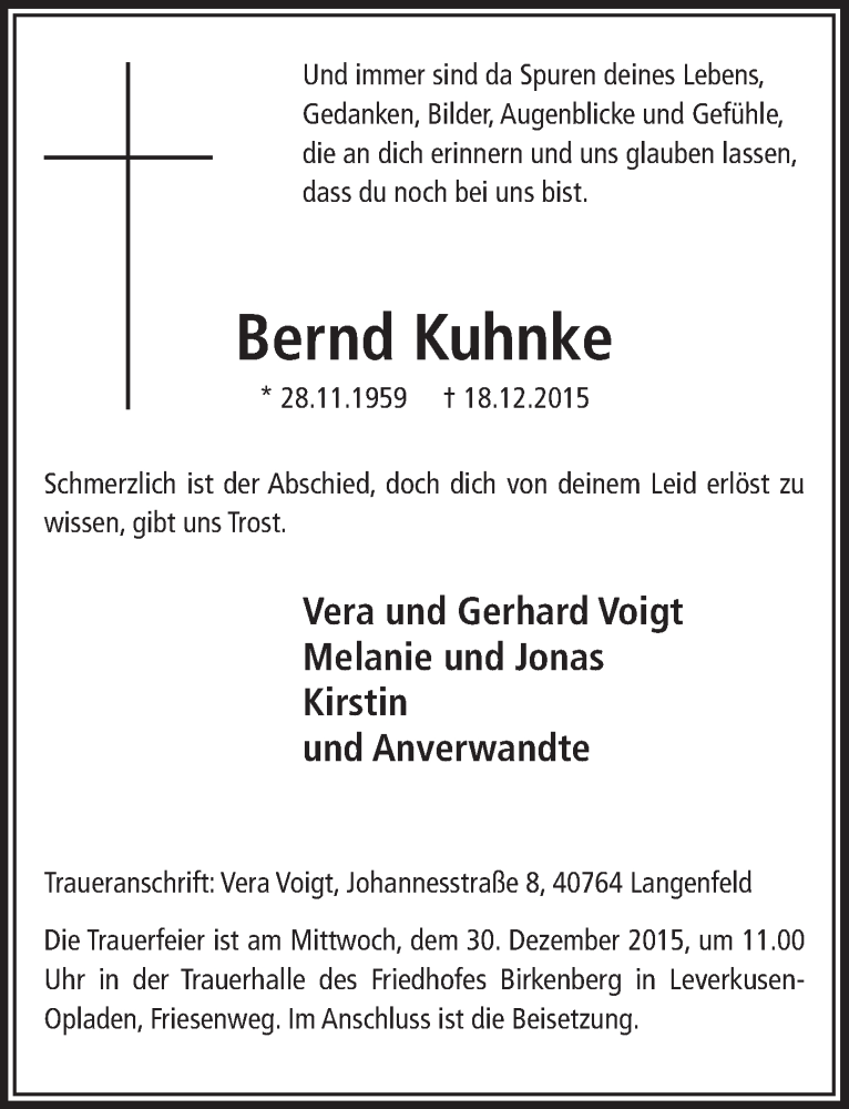  Traueranzeige für Bernd Kuhnke vom 28.12.2015 aus  Leverkusener Wochenende 