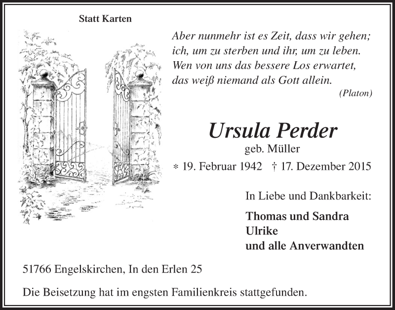  Traueranzeige für Ursula Perder vom 23.12.2015 aus  Anzeigen Echo 