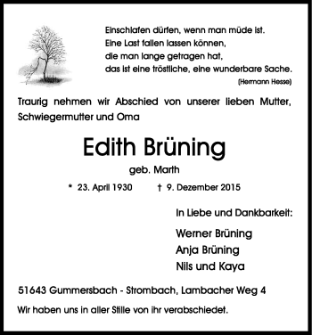 Anzeige von Edith Brüning von Kölner Stadt-Anzeiger / Kölnische Rundschau / Express
