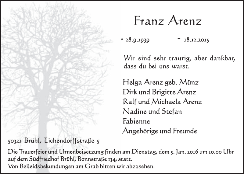  Traueranzeige für Franz Arenz vom 23.12.2015 aus  Schlossbote/Werbekurier 