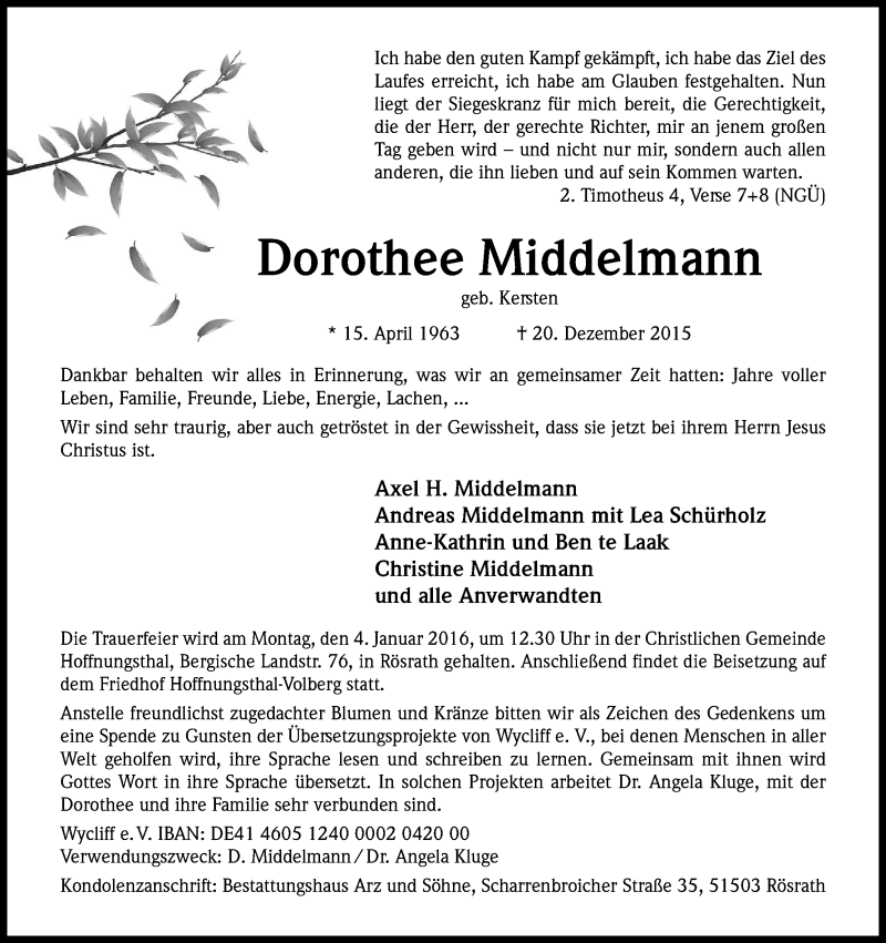  Traueranzeige für Dorothee Middelmann vom 30.12.2015 aus Kölner Stadt-Anzeiger / Kölnische Rundschau / Express