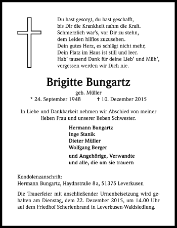 Anzeige von Brigitte Bungartz von Kölner Stadt-Anzeiger / Kölnische Rundschau / Express