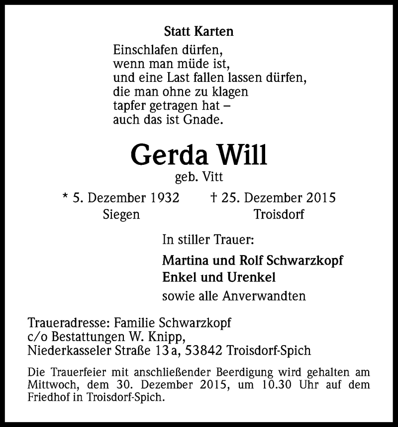  Traueranzeige für Gerda Will vom 29.12.2015 aus Kölner Stadt-Anzeiger / Kölnische Rundschau / Express