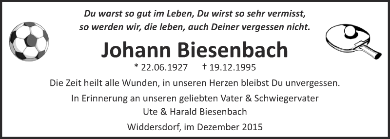  Traueranzeige für Johann Biesenbach vom 19.12.2015 aus  Sonntags-Post 