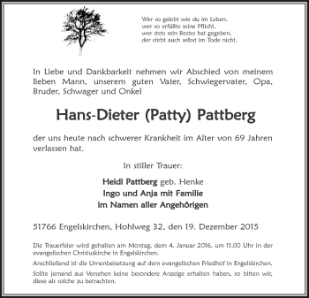 Anzeige von Hans-Dieter Pattberg von  Anzeigen Echo 