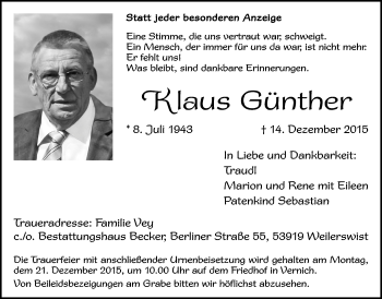 Anzeige von Klaus Günther von  Blickpunkt Euskirchen 
