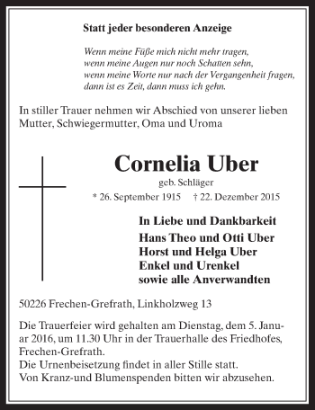 Anzeige von Cornelia Uber von  Wochenende 