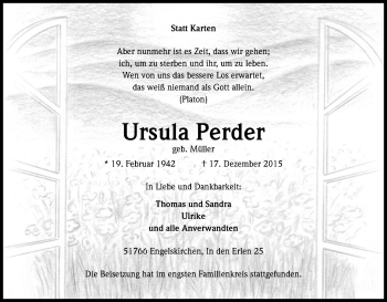 Anzeige von Ursula Perder von Kölner Stadt-Anzeiger / Kölnische Rundschau / Express