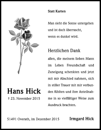 Anzeige von Hans Hick von Kölner Stadt-Anzeiger / Kölnische Rundschau / Express
