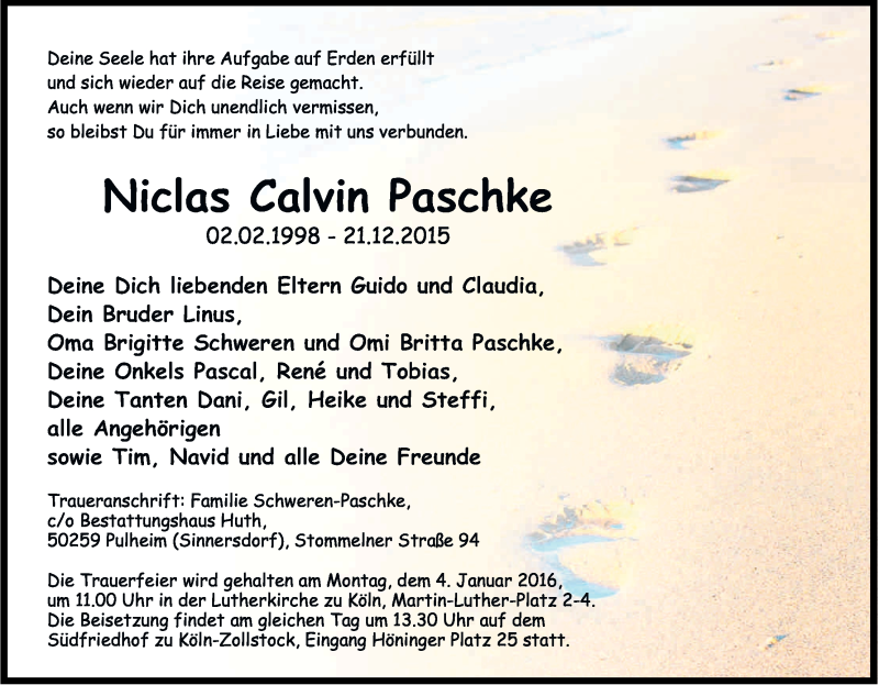  Traueranzeige für Niclas Calvin Paschke vom 30.12.2015 aus Kölner Stadt-Anzeiger / Kölnische Rundschau / Express