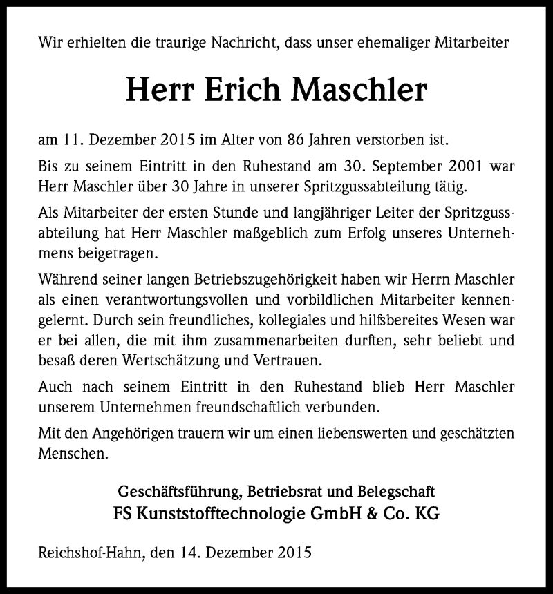  Traueranzeige für Erich Maschler vom 19.12.2015 aus Kölner Stadt-Anzeiger / Kölnische Rundschau / Express
