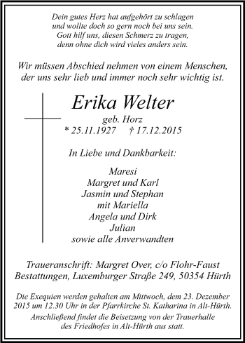 Anzeige von Erika Welter von Kölner Stadt-Anzeiger / Kölnische Rundschau / Express