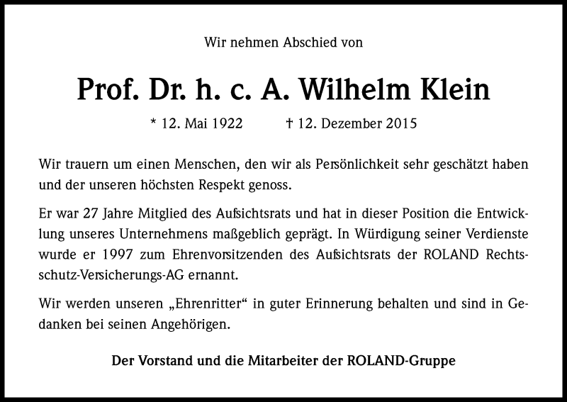  Traueranzeige für Adam Wilhelm Klein vom 19.12.2015 aus Kölner Stadt-Anzeiger / Kölnische Rundschau / Express