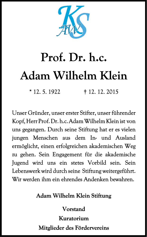  Traueranzeige für Adam Wilhelm Klein vom 19.12.2015 aus Kölner Stadt-Anzeiger / Kölnische Rundschau / Express