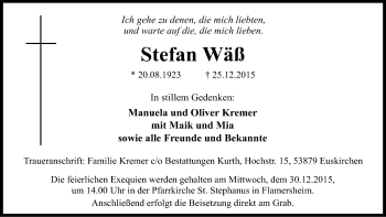 Anzeige von Stefan Wäß von Kölner Stadt-Anzeiger / Kölnische Rundschau / Express