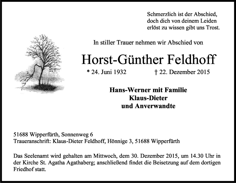  Traueranzeige für Horst-Günther Feldhoff vom 24.12.2015 aus Kölner Stadt-Anzeiger / Kölnische Rundschau / Express