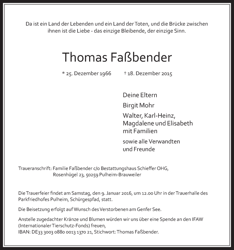  Traueranzeige für Thomas Faßbender vom 30.12.2015 aus  Wochenende  Werbepost 