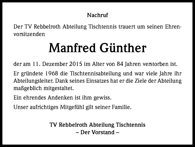  Traueranzeige für Manfred Günther vom 19.12.2015 aus Kölner Stadt-Anzeiger / Kölnische Rundschau / Express