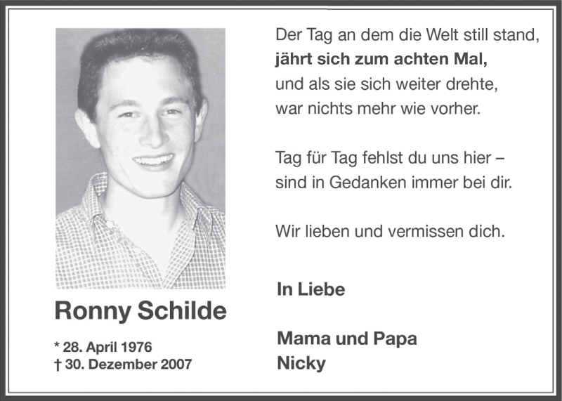  Traueranzeige für Ronny Schilde vom 30.12.2015 aus  Wochenende 