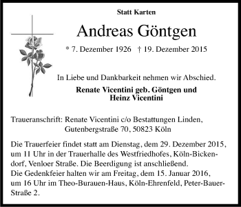 Anzeige von Andreas Göntgen von Kölner Stadt-Anzeiger / Kölnische Rundschau / Express
