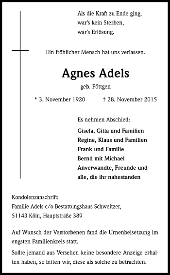 Anzeige von Agnes Adels von Kölner Stadt-Anzeiger / Kölnische Rundschau / Express