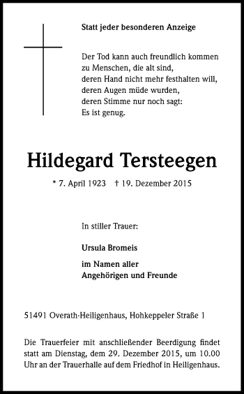 Anzeige von Hildegard Tersteegen von Kölner Stadt-Anzeiger / Kölnische Rundschau / Express