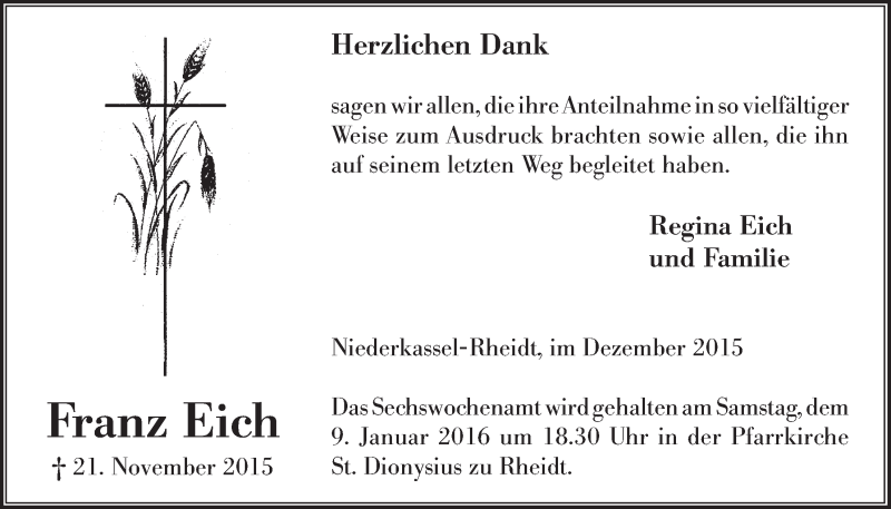  Traueranzeige für Franz Eich vom 23.12.2015 aus  Extra Blatt 