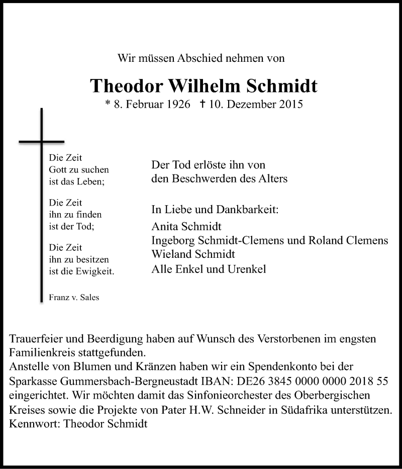  Traueranzeige für Theodor Wilhelm Schmidt vom 30.12.2015 aus Kölner Stadt-Anzeiger / Kölnische Rundschau / Express