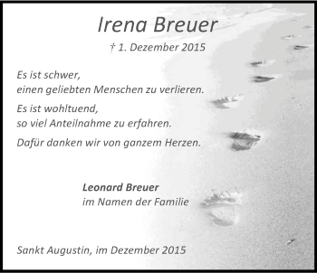 Anzeige von Irena Breuer von Kölner Stadt-Anzeiger / Kölnische Rundschau / Express
