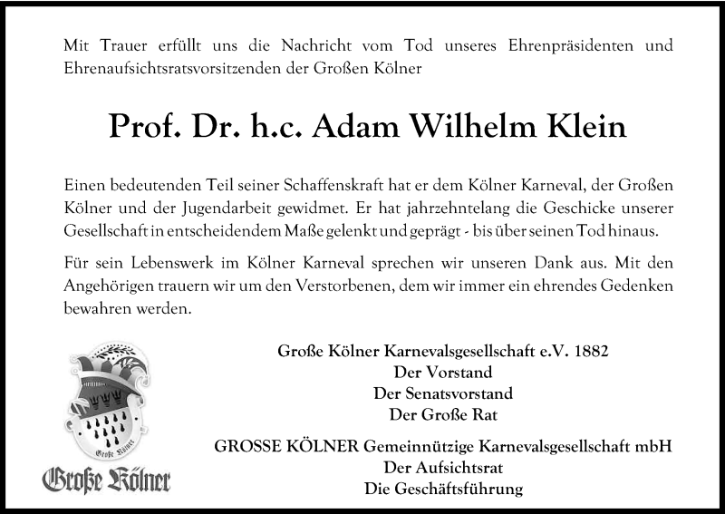  Traueranzeige für Adam Wilhelm Klein vom 19.12.2015 aus Kölner Stadt-Anzeiger / Kölnische Rundschau / Express