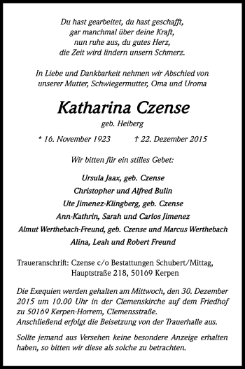 Anzeige von Katharina Czense von Kölner Stadt-Anzeiger / Kölnische Rundschau / Express