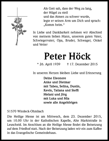 Anzeige von Peter Höck von Kölner Stadt-Anzeiger / Kölnische Rundschau / Express