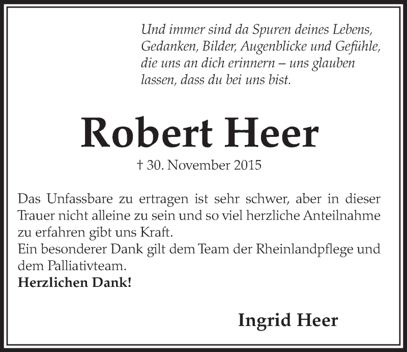  Traueranzeige für Robert Heer vom 23.12.2015 aus  Schlossbote/Werbekurier 