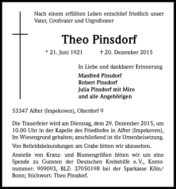 Anzeige von Theo Pinsdorf von Kölner Stadt-Anzeiger / Kölnische Rundschau / Express