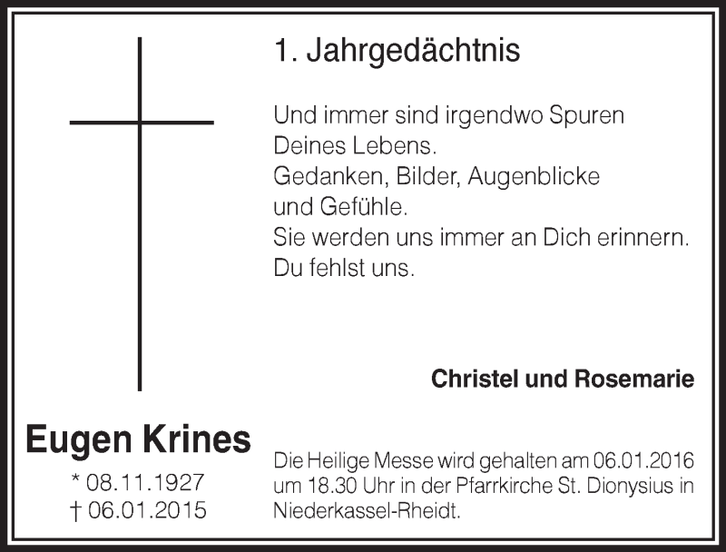  Traueranzeige für Eugen Krines vom 30.12.2015 aus  Extra Blatt 