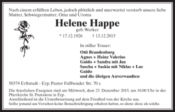Anzeige von Helene Happe von  Sonntags-Post 