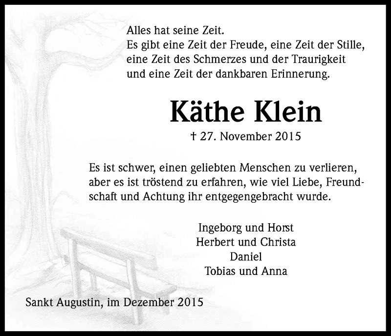  Traueranzeige für Käthe Klein vom 19.12.2015 aus Kölner Stadt-Anzeiger / Kölnische Rundschau / Express