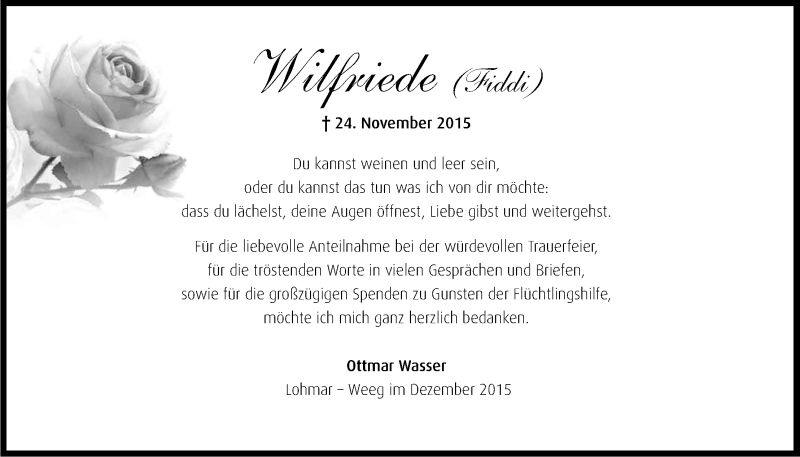  Traueranzeige für Wilfriede Wasser vom 19.12.2015 aus Kölner Stadt-Anzeiger / Kölnische Rundschau / Express